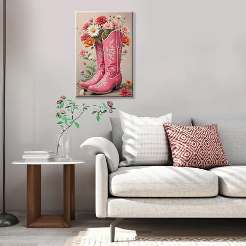 JOOZ Framed Paint by Numbers Kit for Adults, Pink Cowboy Boots Paint by Number with Easel, DIY Flowers Oil Painting by Numbers, Adult Paint by Number Kits Framed Canvas for Home Wall Decor 8x12 Inch