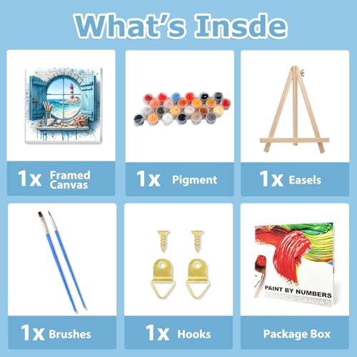 Beach Paint by Numbers Kit for Adults Beginner, Paint by Numbers 10x10 Inch | Framed Paint by Numbers Kit for Adults Beginner with Easel, Acrylic Painting by Numbers, DIY Crafts for Gifts or Home Decor