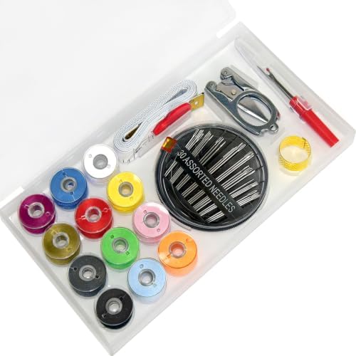 All Purpose Sewing kit-12 Bobbins Polyester Thread with Sewing Needle, Tape Measure, Scissors, top Needle, Thread Remover, Needle Threader