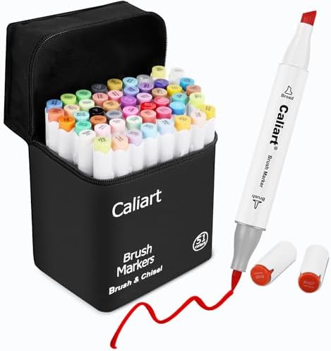 Caliart 51 Colors Alcohol Markers Brush Tip, Art Markers for Adult Coloring | Brush & Chisel Permanent Colored Markers Sketch Pens with Case Art Supplies Gifts for Beginners Artists Drawing Illustration