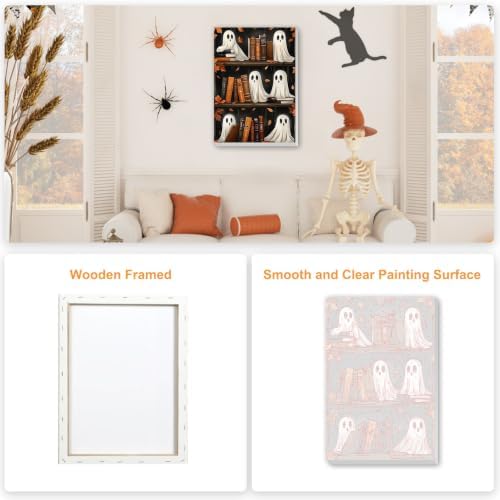 SENQAO Bookshelf Ghost Paint by Numbers Kit for Adults Beginner, Halloween Adult Paint by Number Kits on Canvas, DIY Acrylic Oil Easy Painting by Numbers for Home Wall Decor 8X12 inch (Book Ghost)