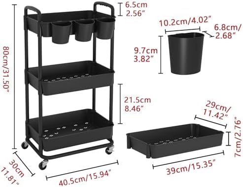JIUYOTREE 3-Tier Plastic Rolling Storage Cart Utility Cart Black