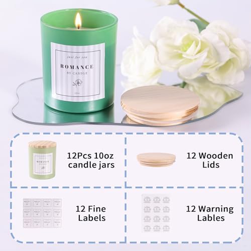 12Pcs Assorted Green Candle Jars for Making Candles, 10oz Empty Jars with Bamboo Lids and Labels, Glass Candle Jars for Candle Making Supplies, Candle Containers for DIY Gifts