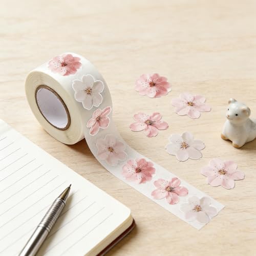Cherry Blossom Flower Stickers Roll,500PCS Pink & White Sakura Decorative Stickers for Scrapbooking Journaling Gift Wrapping Card Making DIY Crafts Spring Floral Decals