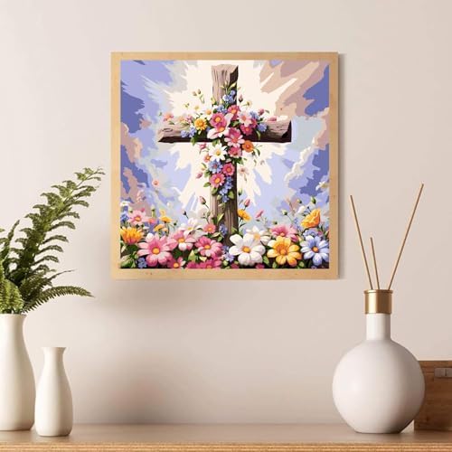 EIBEILI Christian Cross Paint by Numbers Kit for Adults Beginner,Flower Adult Paint by Number Kits on Canvas,Easy Canvas Paint by Numbers for Adults for Home Wall Decoration 14 X 14 inch