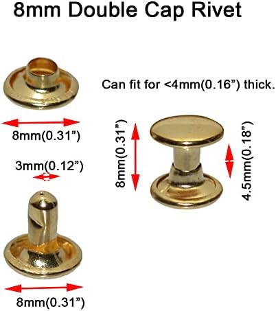 300sets Leather Rivets Double Cap Rivet Tubular Metal Studs Repairs Decoration Craft Accessories for Leather Craft Clothes Shoes Bags Belts (8mm Gold)