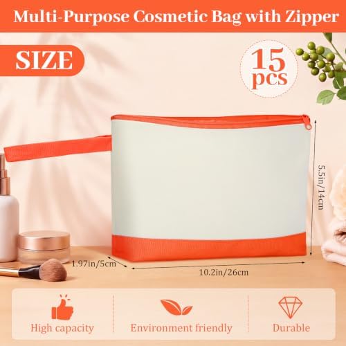 Silkfly 15 Pcs Cotton Canvas Makeup Bags Cosmetic Zipper Bags 10.2 x 5.5 x 2'' Blank DIY Pouch Bulk Pencil Case with Bottom Travel Toiletry Pouch for Women Craft Decor Gift (Beige and Orange)