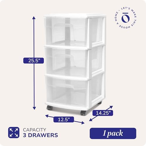 HOMZ Drawer Tower, 3-Tier Storage Cart with Removable Wheels, White Frame