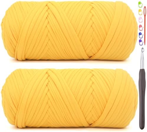2 Pack Tshirt Yarn for Crocheting,Yellow T Shirt Chunky Elastic Fabric Thick T-Shirt Crochet Yarn for Beginners Crocheting Hand Knitting Bag/Basket/Coasters/DIY Crafts/Home Decor 2*200G(Golden Yellow）