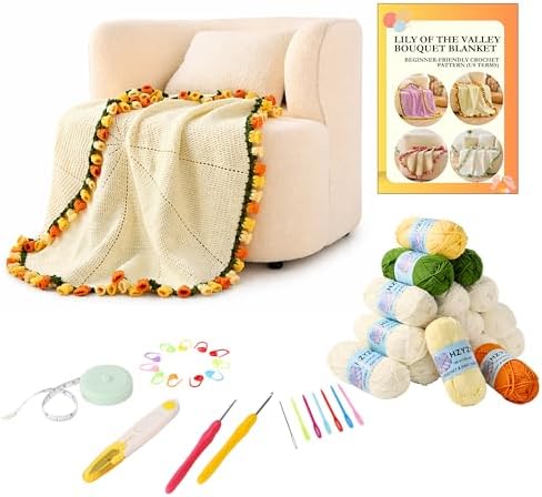 HZYZW Crochet Flower Blanket Kit for Beginners, 40'' Lily of The Valley Bouquet, Blanket Shawl Throw Kits for Adults, How to Knitting with Yarn, Home Decor Gifts for Crocheters (White-Yellow Lily)