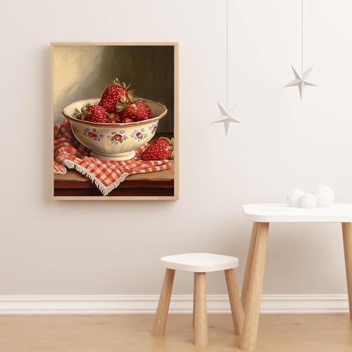 CraftBliss 5D Diamond Painting Kits for Adults, Vintage Strawberry Bowl Still Life, DIY Rhinestone Art Kit, Cottagecore Kitchen Wall Decor, Aesthetic Dining Room Home Art, 12x16 inch (30x40cm)