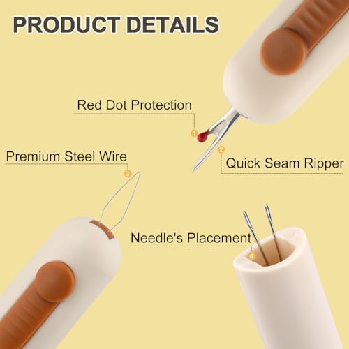 Automatic Needle Threaders Seam Ripper, Upgraded 3 in 1 Sewing Needle Threader Tool, 2Pcs Stretchable Quick Seam Rippers with Needle Storage for Hand Quilling, Embroidery Stitch Removal(Yellow)