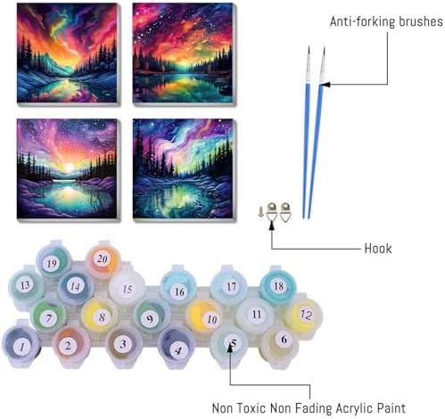 FQOVKYN 4 Pack Landscape Paint by Number for Adults Framed Canvas, DIY Aurora Arts and Crafts for Adults Beginner with Paint Brushes, Acrylic Paint Set for Home Wall Decor, 8 * 8 Inch