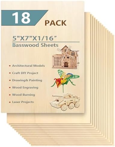 18 Pack Selected Basswood Sheets for Crafts-5 x 7 x 1/16 Inch- 1.5mm Thick Plywood Sheets - Balsa Wood Sheets -Unfinished Wood Boards for Laser Cutting, Wood Burning, Architectural Models, Staining