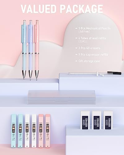 Nicpro 3PCS Pastel Mechanical Pencil Set, 0.9 Mechanical Pencil