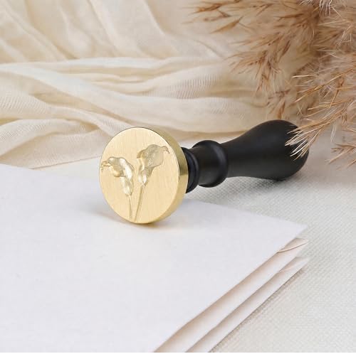 UNIQOOO 3D Embossed 2 Flowers Calla Lily Wax Seal Stamp with Wooden Handle, Vintage Floral Brass Sealing Wax Stamp Head for Wedding Invitations, Envelopes, Gift Wrapping, DIY Crafts