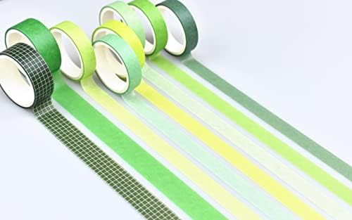 8 Rolls Washi Tape Set Basic Solid Color Green Plaid Grid Adhesive Decoration Label Masking Tapes for DIY Journaling Scrapbook Planners Art Craft Album Scrapbooking Collage Water Bottles