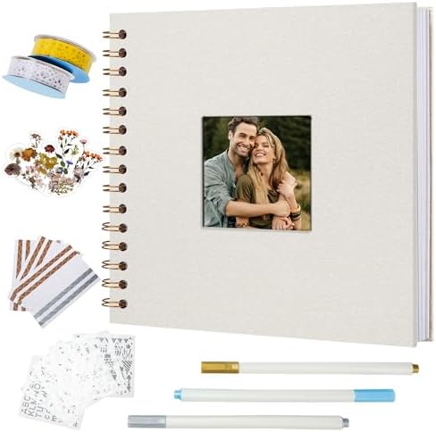 Vienrose Scrapbook 10x10 Inch Hardcover Kraft White Pages DIY Scrapbook Photo Album Linen Cover Scrap Book Photo Albums Scrapbooking Supplies Kit for Couple Family Wedding Travel