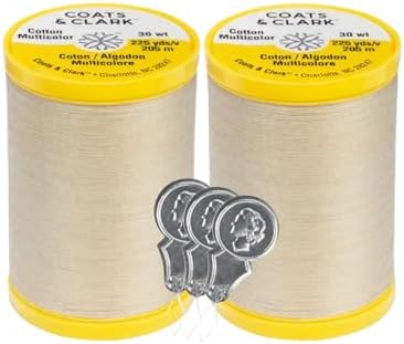 Coats & Clark Cotton All Purpose Sewing Thread 100% Mercerized Cotton 225 Yards Each Spool S970 2 Pack Bundle with 3 Bella's Crafts Needle Threaders (Ecru)