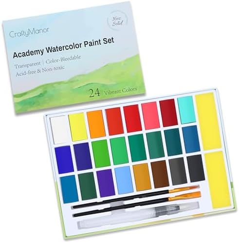 24 Colors Large Block Watercolor Paint Set for Watercolors Workbook, Portable Water Colors Paint Kit with 2 Paintbrushes 1 Waterbrush, for Adult Painting Beginners & Professional Amateur Hobbyists