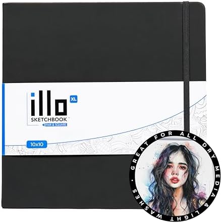 Illo Sketchbook XL 10" x 10" Square Hardcover Sketch Book, 112 Sheets, 112lb/180gsm Heavyweight Paper, Ribbon Marker, Back Pocket, Lays Flat, Minimal Bleed, Vegan, For Artists & Beginners