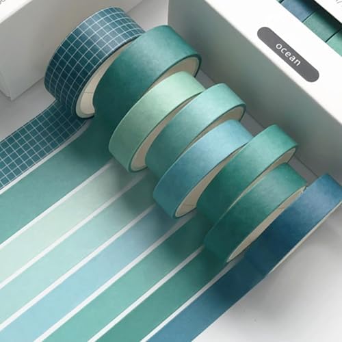 YUBBAEX 8 Rolls Basic Washi Tape Set Solid Color Grid Masking Decorative Tapes for Arts, DIY Crafts, Journals, Planners, Scrapbooking, Wrapping (Ocean)