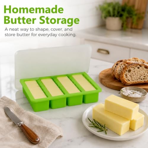 2Pcs Silicone Butter Mold with Lid, Non-Stick Silicone Butter Mold Tray with Scale Marking for Homemade Butter, Standard Size Mold for Soap Bar, Energy Bar, Cake, Chocolate (Green)