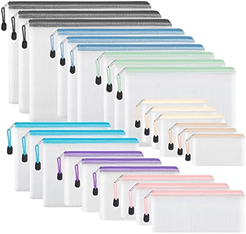 EOOUT 24pcs Mesh Zipper Pouch, Waterproof Zipper Bags, 8 Sizes Plastic Travel Pouch, 8 Colors, Multipurpose for Office Supplies and Travel Storage