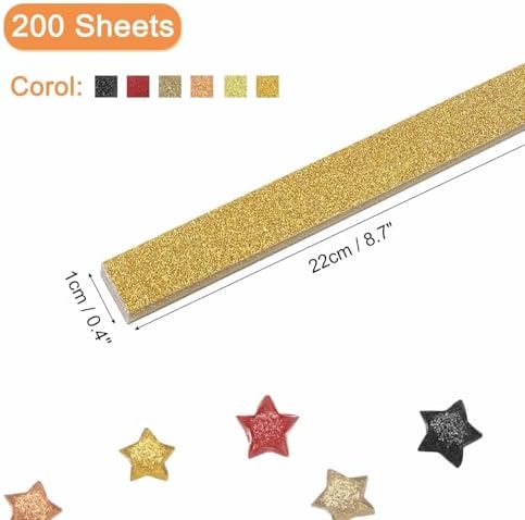 MECCANIXITY 200 Sheets Origami Paper Glitter Stars Papers Gold,Red,Orange,Black Fold Paper for Beginner Arts Crafts Projects,0.4 x 8.7 Inch