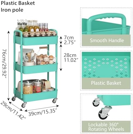 Sywhitta 3-Tier Plastic Rolling Utility Cart with Wheels for Storage, Green