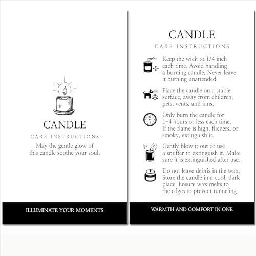 200 pack - Premium Handmade Candle Care Instruction Cards White Black 2x3.5 in, Small Business | Soy Bees Wax Melt, Candle Makers, Making Supplies Kit Set, Containers, Jars, Package