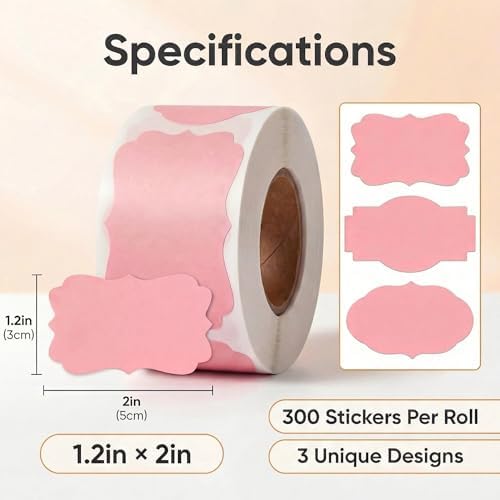 300 Pcs Pink Labels Stickers, 1.2x2 Inch, 3 Decorative Designs, Writable for Gift Wrapping, Pantry Storage, Jars & Wedding Decor