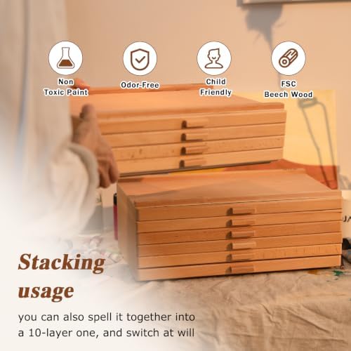 DJAR 4-Drawer Beech Wood Art Supply Storage Box with Dividers, Natural