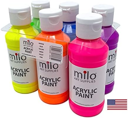 milo Fluorescent Acrylic Paint Set of 6 Colors | 4 oz Bottles | Student Neon Colors Acrylics Painting Pack | Made in the USA | Non-Toxic Art & Craft Paints for Artists, Kids, & Hobby Painters