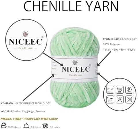 NICEEC 3 Skeins Soft Chenille Yarn 3 x85m (3X 93yds, 3X 50g)_Light Green