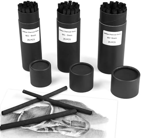 Willow Charcoal Sticks, Natural Willow Charcoal Pencils for Artists, Beginners, Students, Great for Sketching, Drawing, and Shading, Pack of 25 (7-9, Millimeters)