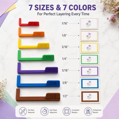 7-Piece Paper Crafting Alignment Guide Set - Precision Layering & Matting Spacers for Card Making & Scrapbooking, Color-Coded with Size Tabs (1/16"–1/2"), Includes Storage Case