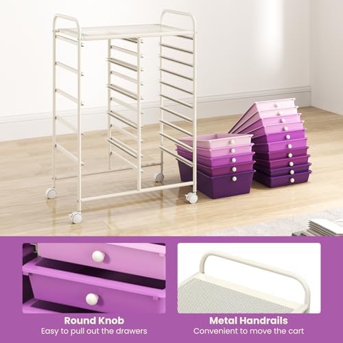 GOFLAME 15-Drawer Rolling Storage Cart, Craft Storage Cart with Removable Drawers & Lockable Wheels, Art Cart Supply Storage Organizer for Home Office Classroom, Purple Gradient