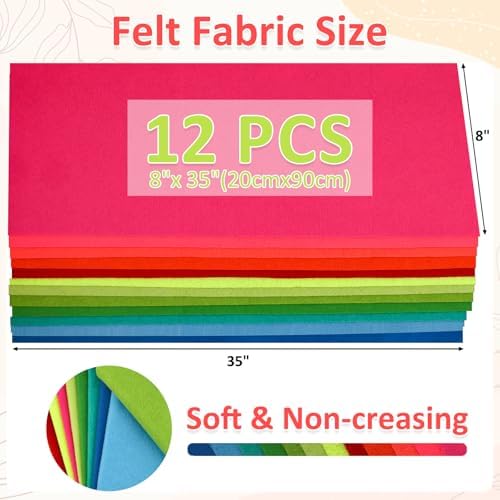 XSEINO 12 Rolls 8"x35"(20.5x90cm) 1.4mm Thick Soft Felt Fabric Sheet 12 Assorted Neon Series Colors Felt Pack for DIY Craft Sewing Squares Nonwoven Patchwork