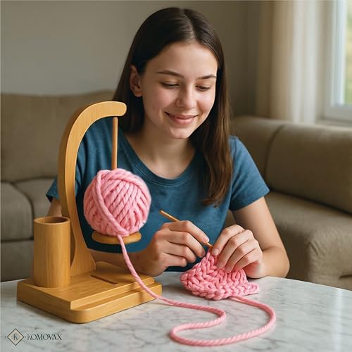 KOMOVAX Wooden Yarn Holder with Sewing Kit & Crochet Ring – Portable Yarn Spinner for Crocheting, Knitting & Yarn Organization – Magnetic Yarn Holder & Yarn Ball Stand – Perfect Gift for Crafters