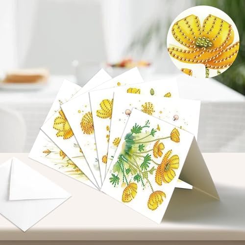6pcs 5D DIY Diamond Painting Kit Greeting Card, Small Yellow Flower Diamond Handmade Greeting Card with Envelope, Holiday Gift Congratulations
