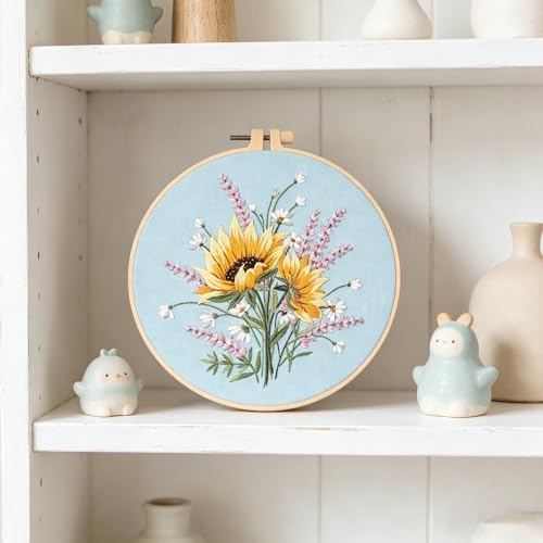 Silentsea Embroidery Kit – Sunny Sunflowers with Delicate Purple and White Floral Accents, Perfect for Beginners and Craft Lovers