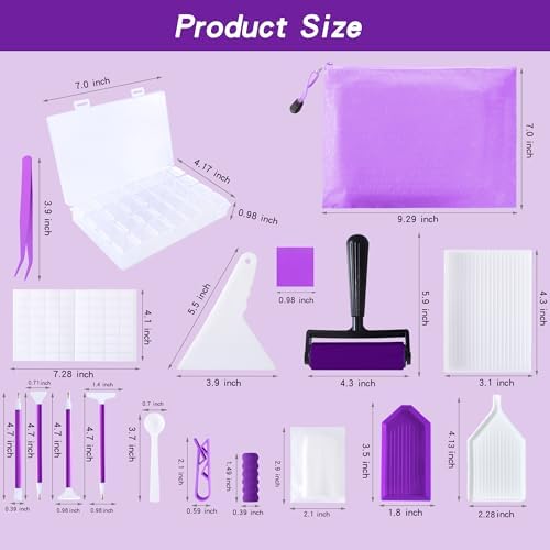LYMUSUMI 61PCS 5D Diamonds Art Accessories and Tools Kits with Diamond Painting Roller and Diamond Art Storage Box for Adults or Kids（Purple）