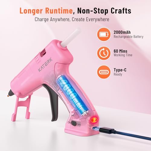 Katerk 3.7V Cordless Hot Glue Gun Kit, 90s Fast Heating, Mini Glue Gun with 15 Glue Sticks, USB-C Rechargeable with 2000mAh Built-in Battery, Ideal for DIY, Gift Making, School Crafts & Repairs (Pink)