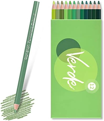 12 Green Colored Pencils Oil Based, Pre-sharpened Wooden Color Pencils Set