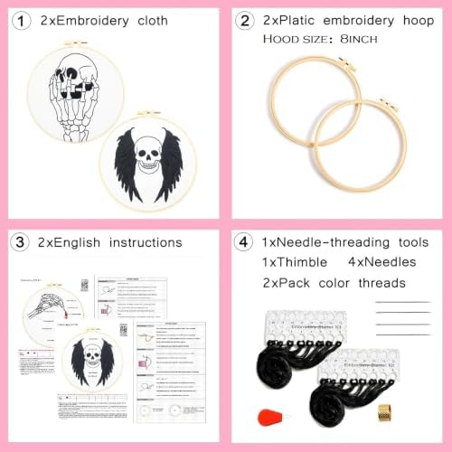 Skull Halloween Embroidery Kits for Beginners Adults, Gothic Embroidery Sets Needlepoint Kits, Halloween Stamped Cross Stitch Kits for Beginners Adults, 2 Embroidery Hoops (Attached Video Tutorial)