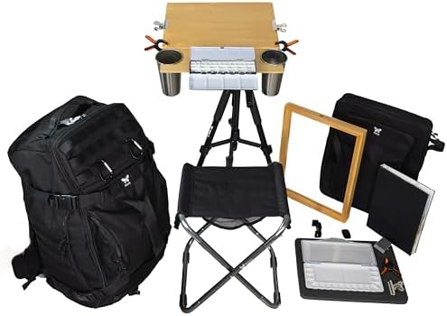 Outdoor Watercolor Easel Set | Portable Plein Air Watercolor Easel System with Studio-Like Ergonomics | 70L Backpack, Tripod, Wet Panel Carrier & Stool | Sketchbook, Palettes, Cups & Clips