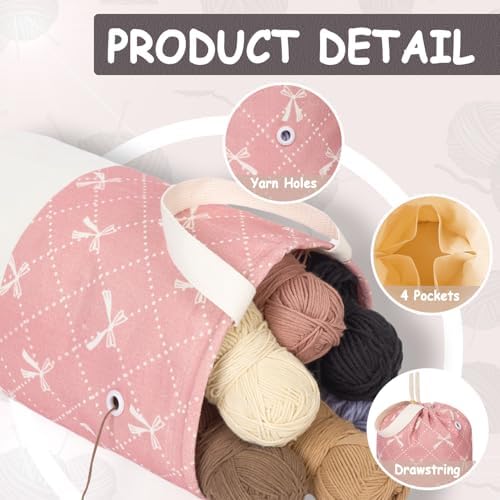 TOGETRUE Yarn Bag, Knitting Crochet Bag, Portable Yarn Storage Bags Organizer for Crocheting Project, Store Skein Ball, Short Knitting Needle (Medium, Bowknot)