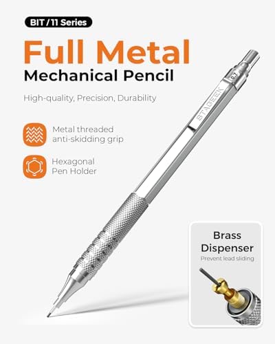 STAGEEK 30Pcs Silver Metal Mechanical Pencil Set with Leather Case | 6PCS Art Drafting Pencils, 0.5, 0.7, 0.9, 2.0MM Mechanical Drawing Pencils, with 300PCS(6B/4B/2B/HB/2H/4H/Colors)Lead Refills