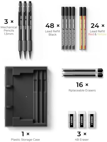 Four Candies 3PCS 1.3mm Metal Mechanical Pencil Set with Case (Black)